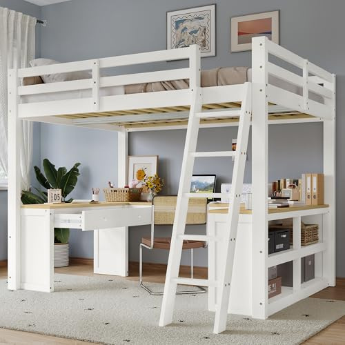 VSOGA Loftsäng, barnsäng, U-format långbord, med två lådor och förvaringslåda, furu + MDF + PB + plywood, robusta ribbotten, vit + natur, 140 x 200 cm