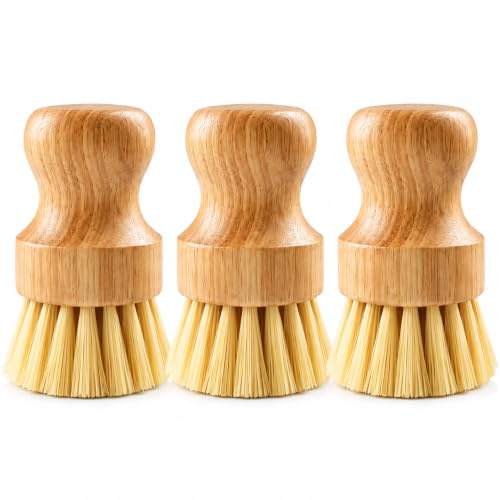 3 Pack Bamboo Palm Brush Set for Kitchen Cleaning, Wooden Washing Up Brush and Mushroom Brush with Non Scratch Bristles, Sink Brushes for Cleaning Dishes, Pots, Pans and Surfaces