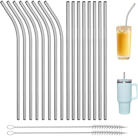 16 Stück Edelstahl Strohhalm,Mit 2 Reinigungsbürsten,Strohhalme Edelstahl | Metallstrohhalme,Trinkhalme Edelstahl,Metall Strohhalm,Waschbar,Strohhalme Für Cocktails,Smoothie Und Säfte