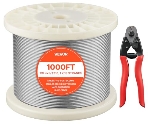 VEVOR Câble Acier Inoxydable 3,2 mm x 304,8 m Cable Inox 316 Fil Tressé Inox pour Système de Garde-corps de Terrasse, Treillis de Jardin, avec Coupe-câble, Résistance à Rupture 798,3 kg, 1x19 Brins