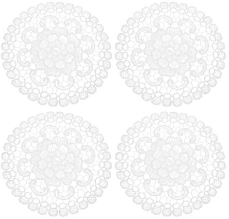 QUARKZMAN 4 Pcs Encajes para Mesa Mantelitos Redondos Blanco Y Freesia | De Encaje De 6 Pulgadas, Posavasos De Encaje De Ganchillo Hechos A Mano, Para Cocina Comedor Bodas