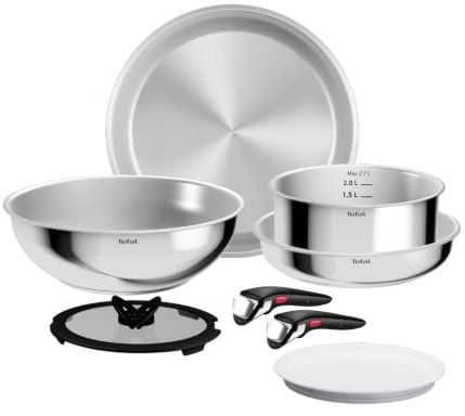 Tefal Ingenio Comfort Max Stainless Steel 8-Piece Cookware Set, Stackable | Removable Handle, Uncoated, Thermal Signal, 24/28 cm Pans, 26 cm Wok, 20 cm Casserole, All Hobs, L968S834