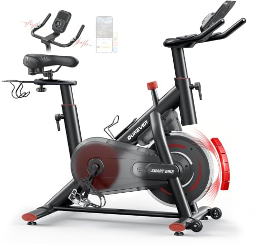 Burever Velo d'Appartement Connecté APP, Cadran Rotatif Visuel, Vélo d Appartement d'Intérieur Silencieux avec Résistance Magnétique 0-100% Niveaux, Siège Ergonomique Confortable, Capacité 170KG