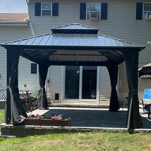 Domi 2,98x2,98 m Outdoor Hardtop Pavillon mit festem Dach, Metall Pavillon mit verzinktem Stahldach, mit Vorhängen und Moskitonetz, für Terrasse, Grau