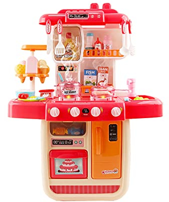 deAO ‘My Little Chef’ Miniature Kitchen Play Set with 34 Accessories, Induction Hob, Water, Light and Sound Features Blue/Red (PINK)