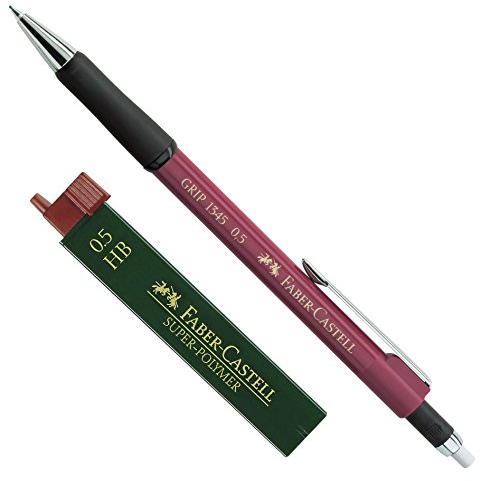 Faber-Castell 1345 - Druckbleistift Grip, Minenstärke: 0,5 mm, Schaftfarbe: Rot Metallic + Dose Ersatzminen HB