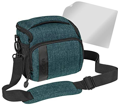 PEDEA SLR-Kameratasche Umhängetasche mit Displayschutz für Olympus E-M10, E-M5 Mark II, Pen E-PL8 E-PL9 / Canon EOS M50 / Nikon D5600, D7500 / Panasonic Lumix DMC G9 G70 G81 GX8 GX80, (L) Petrol