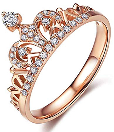 Lzz 18K rose gold gold plated transparent exquisite princess queen crown headdress ring compact round cut white cubic zirconia diamond accent fashion promise ring size 5-10 (US code 7)