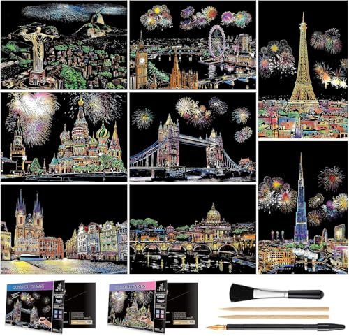 Scratch Art for Kids & Adults, Rainbow Engraving Painting Landscape Scratchboard(A4) Crafts Set: 8 Sheets 4 Tools - Fireworks, Tower Bridge, Big Ben, Cristo Redentor, Ferris Wheel(Landmark Building)
