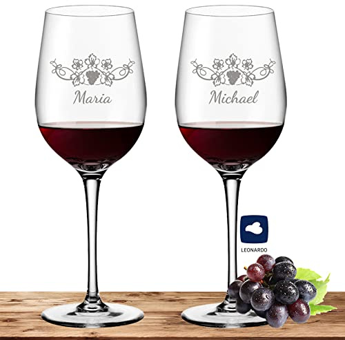 Deitert Leonardo Rotweinglas-Set mit Namen oder Wunschtext graviert, 2er-Set, 430ml, Ciao+, personalisiertes Premium Weinglas in Gastroqualität, (Weinrebe)