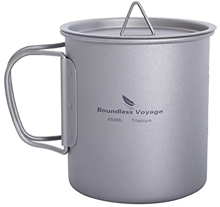Boundless Voyage Camping Picknick Wasserbecher Camping Topf mit Deckel Faltbarer Griff Titan Tasse Kaffeetasse Outdoor Geschirr 200ml 420ml 450ml (Ti3035D-450ml)