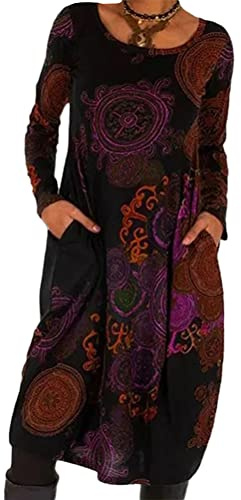 Onsoyours Robe Femme Rétro Robes De Plage Col en V Robes Au Genou Manches Longue Casual Tuniques T-Shirt Dress Imprimée Floral Vintage Ethnique Grande Taille Robes Midi Dress B Rouge Foncé M