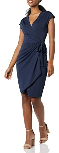 Amazon Essentials Vestido Cruzado clásico con Mangas Casquillo (Disponible en Tallas Grandes) Mujer, Azul Marino, S