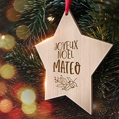 Personalisierte Weihnachtskugel - Gravierte Weihnachtsdekoration mit personalisiertem Namen (Étoile Bois/Holzstern)