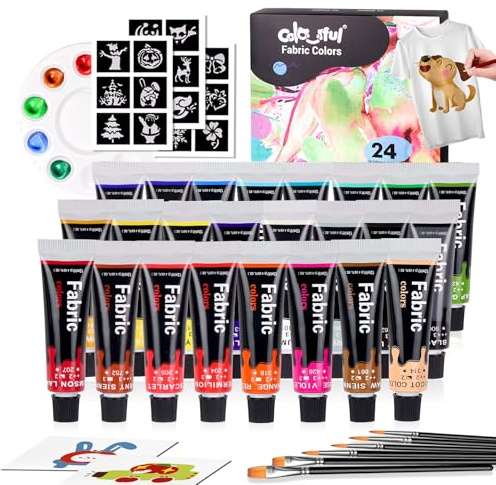 Colorful Fabric Paint Set for Clothes 24 Colors - Permanent Textile Paint Kit for Shoes, Canvas - Non-Toxic Slick Painting Set for Adults, Beginner & Artists