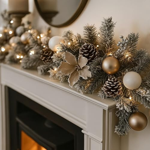 Marco Paul Weihnachtsgirlande mit silbernen Schnee-Spitzen, luxuriöse, dekorative Wintergirlande mit 30 warmweißen LED-Lichtern, Deluxe-Festliche Girlande mit Tannenzapfen, Kugeln und Kunstblumen
