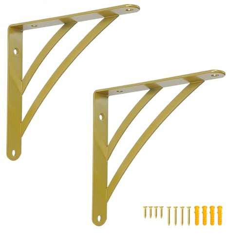 Goldfarbene Regalhalterungen, 200 mm dreieckige Regalhalterungen, vielseitig, rechtwinklig, Wandmontage, Regalträger für Gerüstbretter, moderne Messing-Wanddekoration, goldfarben, 2 Stück