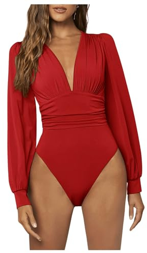 WDIRARA Women's Deep V Neck Ribbed Bodysuit Long Sleeve Skinny Bodycon Basic Bodysuit Tops Pure Red M