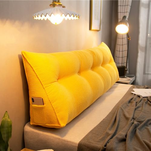 XIEMINLE Lese-Rückenlehnenkissen, dreieckiges Kopfteilkissen, King-Size-Keilkissen, Rückenlehnenstützkissen, Lendenbettkissen für Bett, Sofa, Ruhe, Buch, Lesen, 80 x 50 x 25 cm, Gelb
