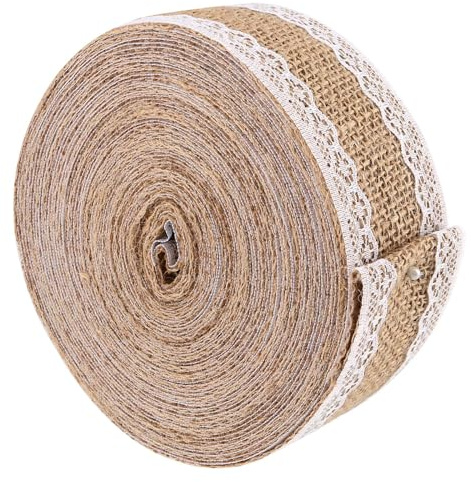 PUCSIQ 5cm x 10m Juteband mit Spitze Natürliche Jute Bänder | Vintage Juteband mit Spitze Juteband Vintage Spitzenband für Hochzeit Weihnachten Basteln Geschenke Deko Geschenkverpackung
