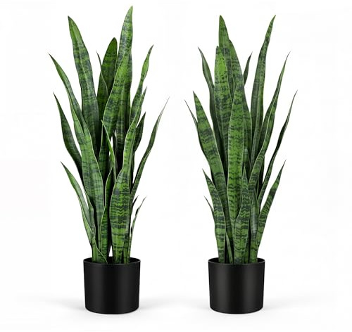KOL 3ft 2-Pack Artificial Snake Plant - Thick Lifelike Leaves, Faux Silk Sansevieria for Indoor Home & Garden Decor, 35in Potted Fake Mother-in-Law's Tongue Plants, Green