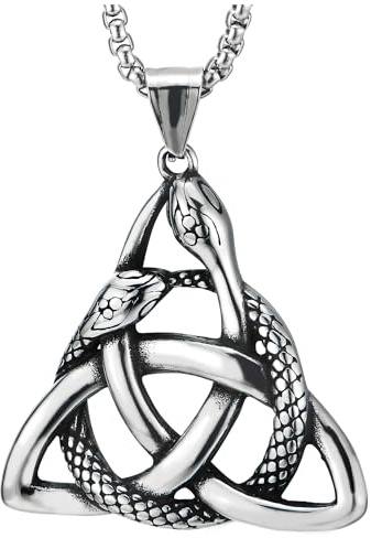 COOLSTEELANDBEYOND Triquetra Keltischer Kreuz Knoten von Schlange, Herren Damen Edelstahl Anhänger Halskette, mit 75cm Stahl Weizen-Kette