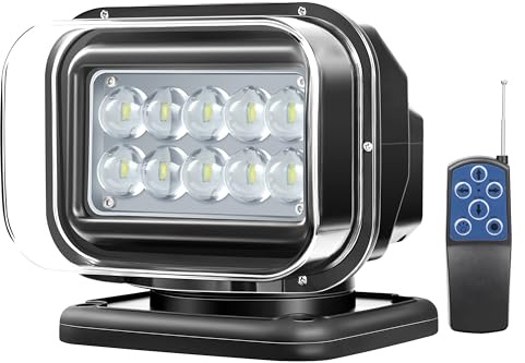 SAN YOUNG Remote Control LED Search Light, 50W 5000lm LED Spotlight for Truck Boat Hunting Searching 360 Rotating, Off-Road Auxiliary Driving Searchlight, White Housing, 6 Strong Magnets Built-in
