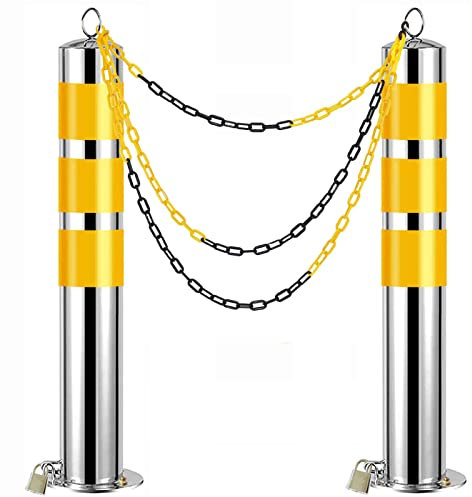 2 Stück Sicherheitspoller mit gelbem reflektierendem Klebeband, abnehmbare Parksperren und Pfosten mit 5 m Absperrkette, Verkehrssicherheits-Parkkegel (800 mm H x 76 mm T (31,5 Zoll H x 3 Zoll T)) (65