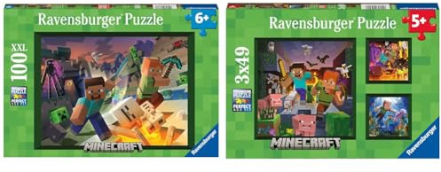 Ravensburger Kinderpuzzle 13333 - Monster Minecraft & Kinderpuzzle 05621 - Minecraft Biomes - 3x49 Teile Minecraft Puzzle für Kinder ab 5 Jahren