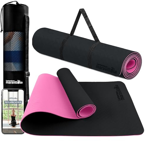 LA MENTE ES MARAVILLOSA - Tappetino Yoga e Pilates Antiscivolo in TPE, 183x61 cm, Spessore 6 mm, con Custodia, Tracolla ed E-Book, per Allenamento, Stretching e Meditazione (Grigio/Rosa senza Disegno)