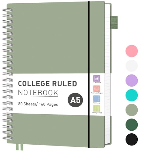 RETTACY A5 Notebook, Journals for Women Lined,Wirebound Spiral Notebook 160 Pages for Writing,100gsm College-Ruled Paper, PVC Pocket,Pen Loop, Ruler, Bookmark,14.5 x 20.7cm- Light green