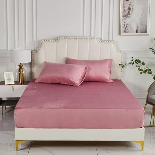 Luowei Drap-housse d'hiver 90 x 200 cm Velours Rose Extra Chaud Lit à Sommier Tapissier Drap de Lit en Tissu Éponge Drap-housse Flanelle Drap-housse Motif Uni Draps-housses 90 x 200 cm pour Matelas