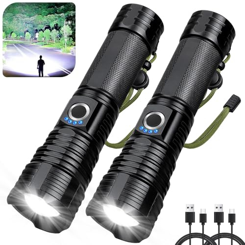 Lot de 2 lampes de poche rechargeables haute luminosité, 99 000 lumens, 5 modes et étanches, charge rapide USB, lampe torche haute puissance pour la maison, le camping, les urgences