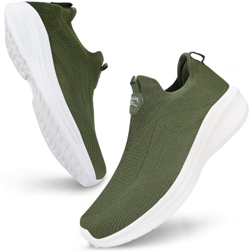 Giniros Mens Slip On Trainers Casual Trainers Shoes Breathable Running Walking Sneakers Lightweight Tennis Shoes Soft Comforble Mesh Gym Workout Sneakers, Green UK 9