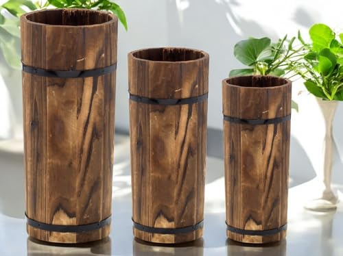 Hohes Pflanzgefäß-Set aus Holz, Bambus-Stil, Blumentöpfe für Innen- und Außenbereich, 3 verschiedene Sets mit 3 verschiedenen Größen pro Set (S, M, L) (kleine Sets (44 cm, 38 cm, 33 cm)