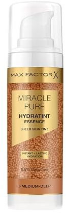 Max Factor Miracle Pure Hydratint Essence, feuchtigkeitsspendendes Make-up mit leichter Deckkraft, 71% wasserbasiert, mit Mikro-Kapsel Pigmenten, 30 ml, Fb. 6 Medium-Deep