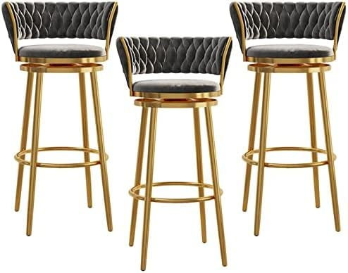 Barhocker aus Samt, 4er-Set, mit gewebter Rückenlehne, 360° drehbar, Hocker für Küche, Café, Esszimmer, grauer Samt, goldene Fußstütze, goldene Beine, Barstühle für Heimdekoration