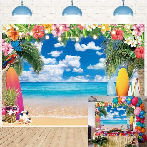 Sommer-Strand-Hintergrund, hawaiianische Party-Dekorationen, 2,7 x 1,5 m, tropische Blumen, Palmenblätter, Surfbrett, Fotografie-Hintergrund, Hawaii-Thema, Geburtstagsparty, Zubehör, Foto-Requisiten