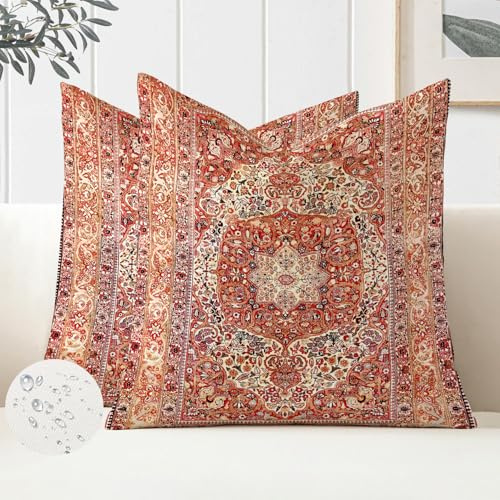 Miuyunya 2er Set Kissenbezüge 50 x 50 cm Bohemian Kissenbezug Rot Herbst Outdoor Kissen Wasserdicht Boho Ethno Indisch Landhausstil Kissenhülle Dekokissen Sofakissen für Wohnzimmer Garten