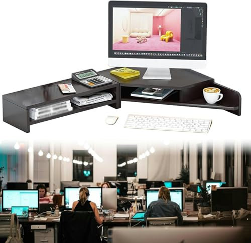 FHPEWXDG Großer Eckmonitorständer fürs Büro, ergonomischer Eckständer für den Schreibtisch mit 2 Ablageebenen, dreieckiger Bildschirmständer für 2 Bildschirme/PC/Laptop