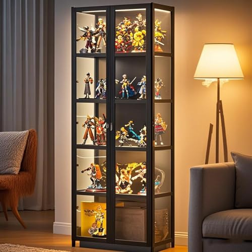 Poxvythb Vitrine für Sammlerstücke, glasvitrine,pflanzenvitrine, Industriestyle Regalvitrine – Metall-Bambus Hybriddesign & Schwerlastbretter für Großfiguren Ohne Licht (62x33x161cm/Schwarz)