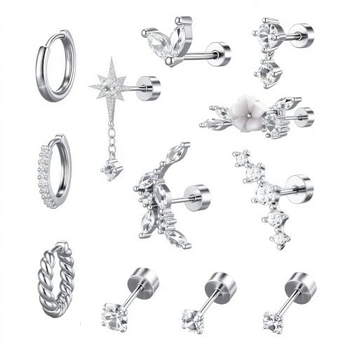 Jomdjmskes 12 Pcs Orecchini Donna, Orecchini Acciaio Chirurgico, Piercing Orecchio, Orecchio Donna Cerchio Piccoli Acciaio Inossidabile, Orecchini Bottone Piercing Cartilagine Trago Helix, Argento