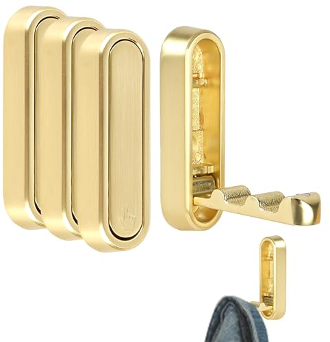 4pcs Foldable Wall Hooks for Hanging, Folding Hooks Wall Mount of Copper, Heavy Duty Gold Foldable Walls Hook for Bathroom Kitchen, Flip Down Hook for Wall Hanging Coat, Bag, Towel, Key (Gold)