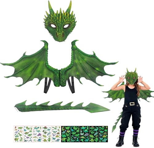CWENDANER Komplettes Drachenkostüm Set für Kinder mit 3D Flügeln, Maske und Schwanz. Dinosaurier Rollenspiel Outfit für Jungen und Mädchen, Halloween Karnevalsparty Kostüm (Green)