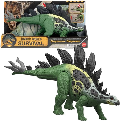 Mattel Jurassic World-dinosauriefigur, Gigantic Thrashers stor stegosaurus med två attackfunktioner och utvecklingsfunktion, digital lek, JKL85