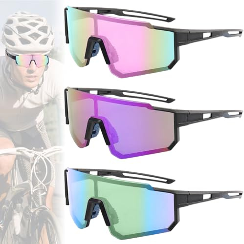 PIWOSGOL 3 Stück Sportbrille Sonnenbrille Herren Damen Fahrradbrille, UV400 Schutz, Radfahrer Brille Schnelle Brille Rave, Für Radfahren, Laufen, Angeln, Ski Golf Outdoor-Sport