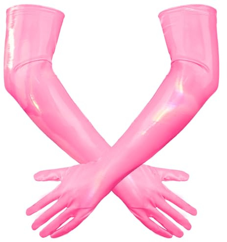 Adigau Donna Guanti Lunghi PU Pelle Lucida Lunghezza al Gomito Guanti Elastici Wetlook Costumi Festa Cosplay Accessori, Rosa 3XL