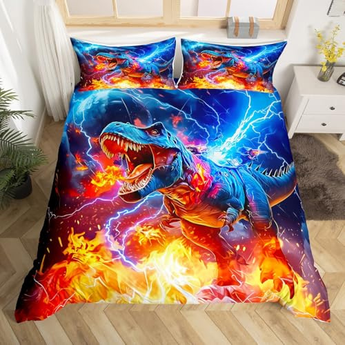 3D Dino Duvet Cover King Size Dinosaur Bedding Set for Kids Boys Girls Decor Wild Animal Comforter Cover Breathable Soft Lightweight Microfiber Blue Orange Yellow Lightning Bedroom Decor Bedclothes
