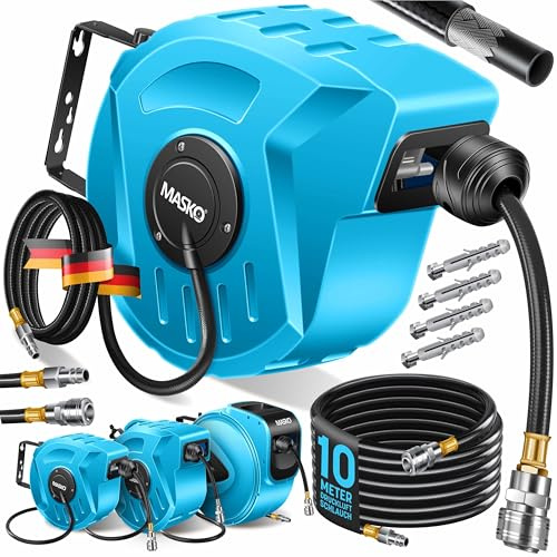 MASKO® Automatik Druckluftschlauch Aufroller 10m – Schlauchtrommel mit 1/4 Anschluss, Schlauchaufroller, Wandhalterung, Tragegriff, 180° schwenkbar, Schlauchbremse, vormontiert & sofort einsatzbereit