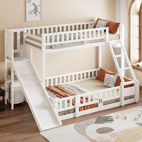 Sapgaks Lit superposé pour enfants 90/140x200cm avec toboggan, lit pour enfant avec étagères et guides de sécurité, Cadre de lit enfant 90/140x200 avec sommier à lattes (F-blanc)